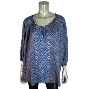 Catherines Top Plus Size 2X 22/24W 100% Cotton Front Tie 3/4 Sleeve Stretch Blue